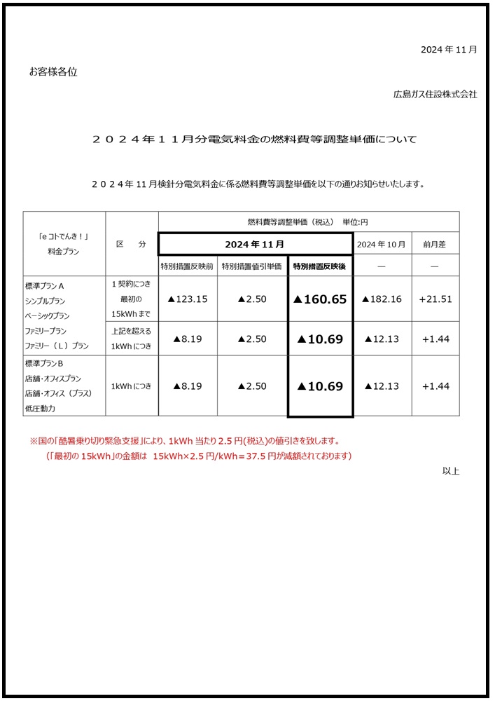 広島ガス住設eコトでんき2024.11燃調費等単価お知らせ