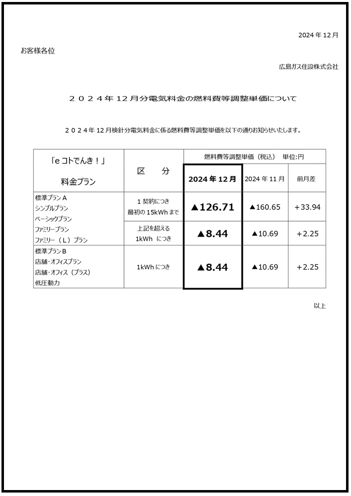 広島ガス住設eコトでんき2024.12燃調費等単価お知らせ