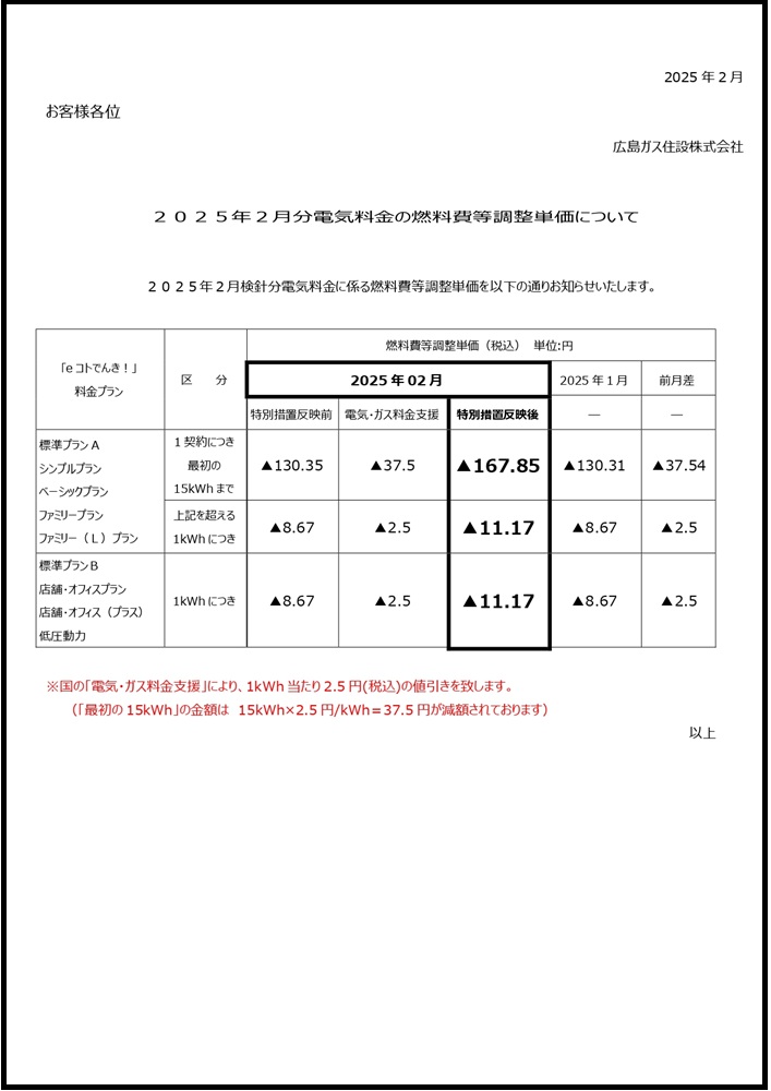 広島ガス住設eコトでんき2025.2燃調費等単価お知らせ