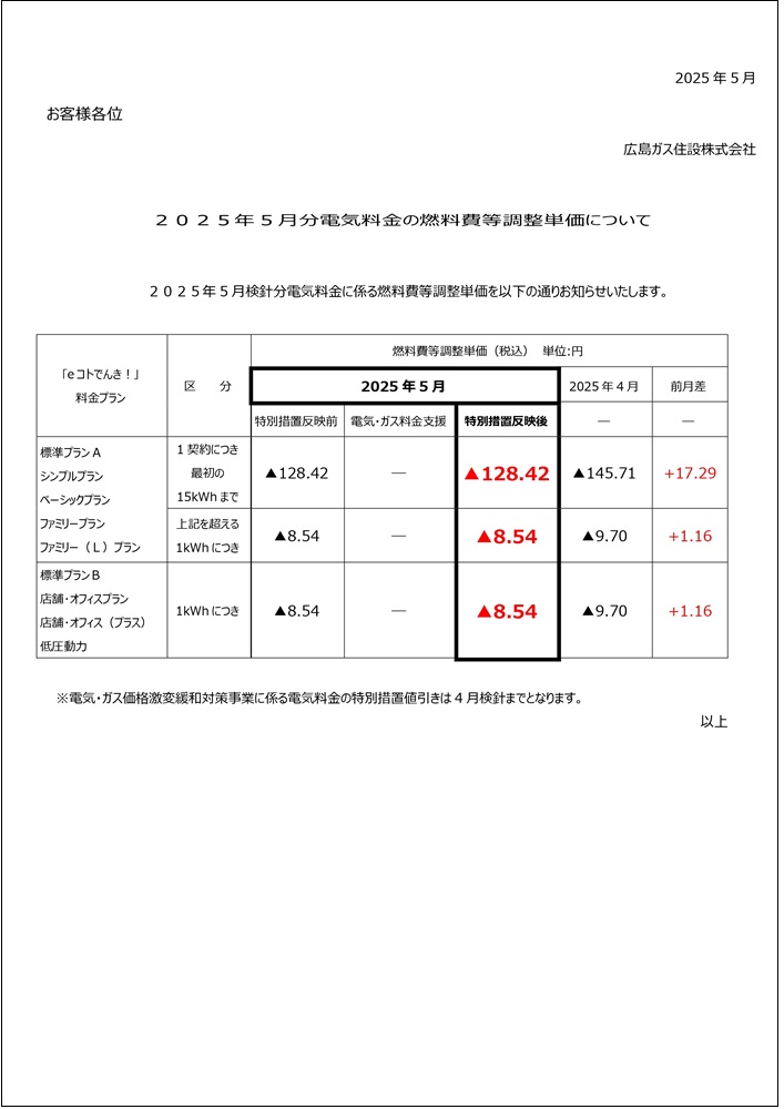 広島ガス住設eコトでんき2025.5燃調費等単価お知らせ
