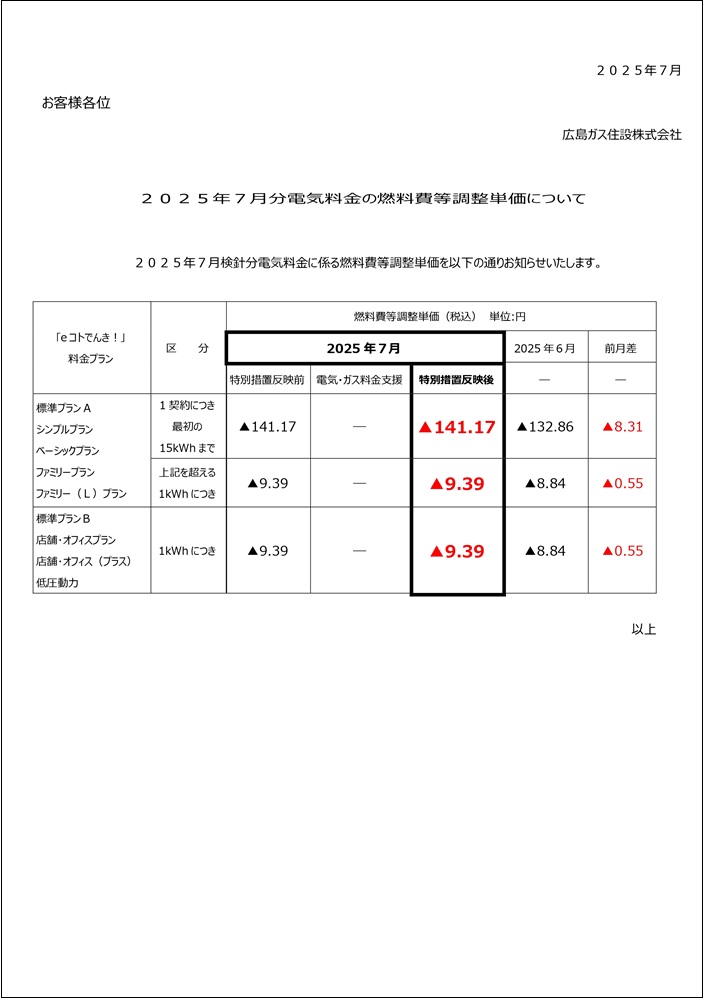 広島ガス住設eコトでんき2025.7燃調費等単価お知らせ