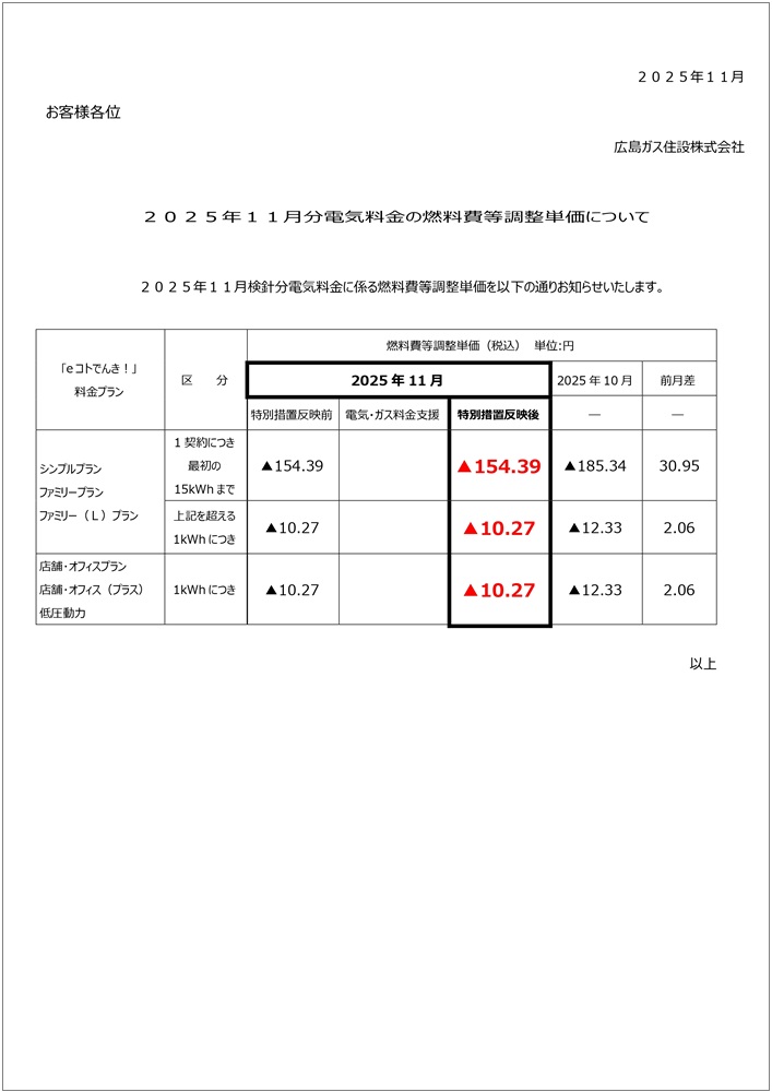 広島ガス住設eコトでんき2025.11燃調費等単価お知らせ