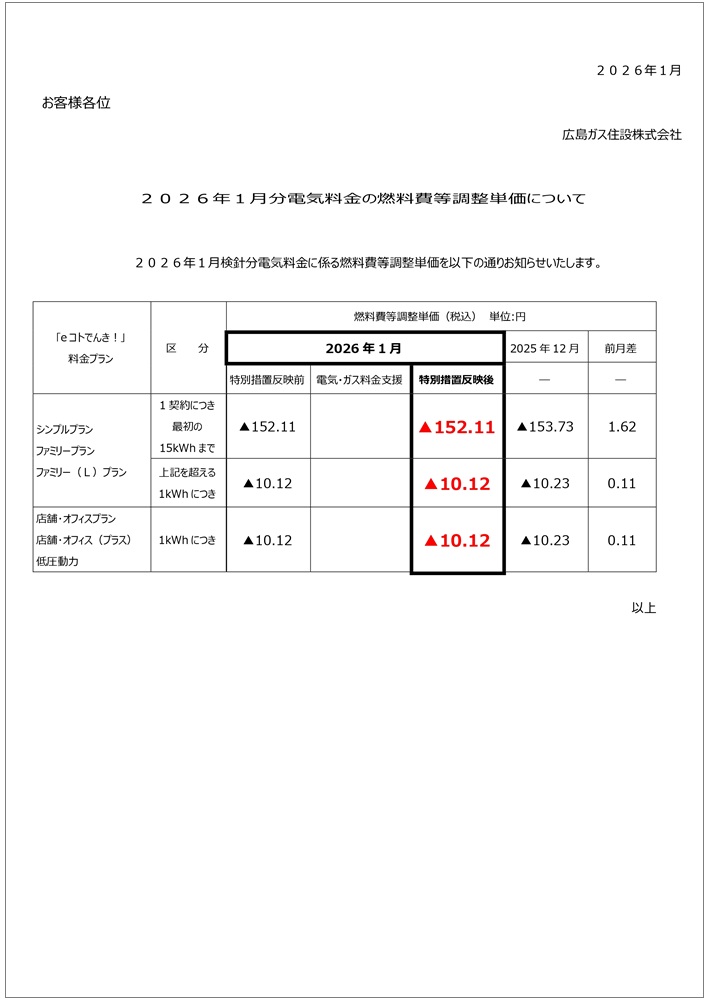 広島ガス住設eコトでんき2026.1燃調費等単価お知らせ