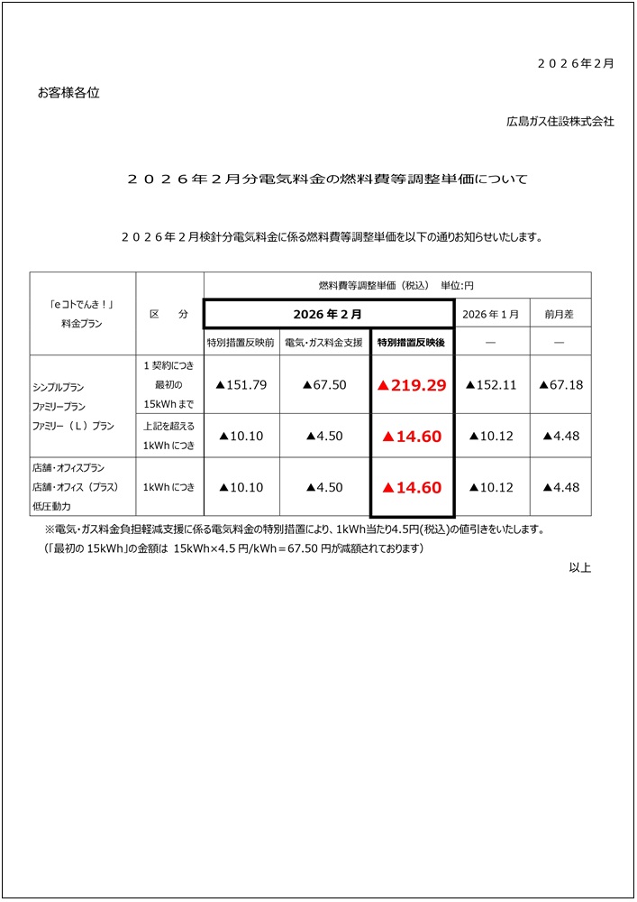 広島ガス住設eコトでんき2026.2燃調費等単価お知らせ