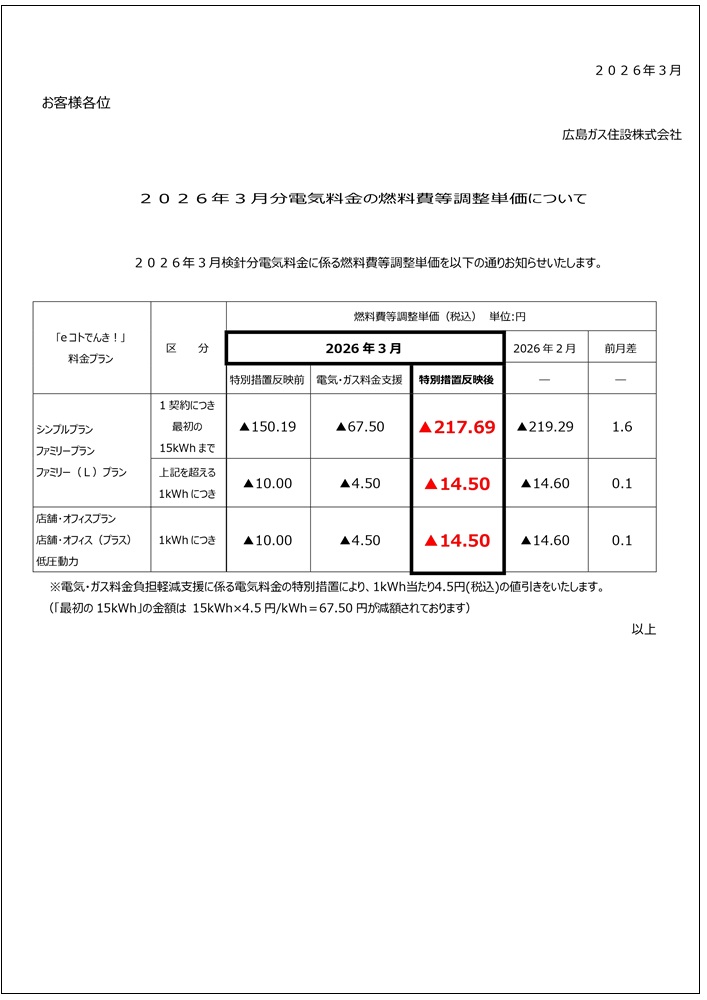 広島ガス住設eコトでんき2026.3燃調費等単価お知らせ