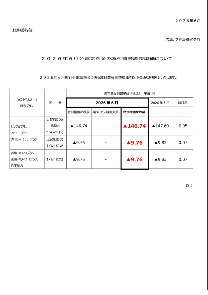 広島ガス住設eコトでんき2026.6燃調費等単価お知らせ