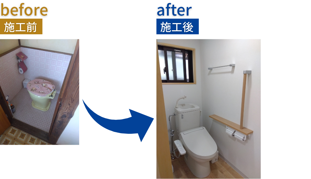 【三次市甲奴町】古いトイレを快適リフォーム工事｜簡易水洗化・手すり設置施工事例