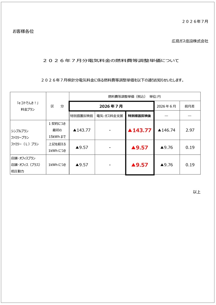 広島ガス住設eコトでんき2026.7燃調費等単価お知らせ