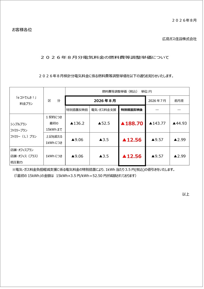 広島ガス住設eコトでんき2026.8燃調費等単価お知らせ